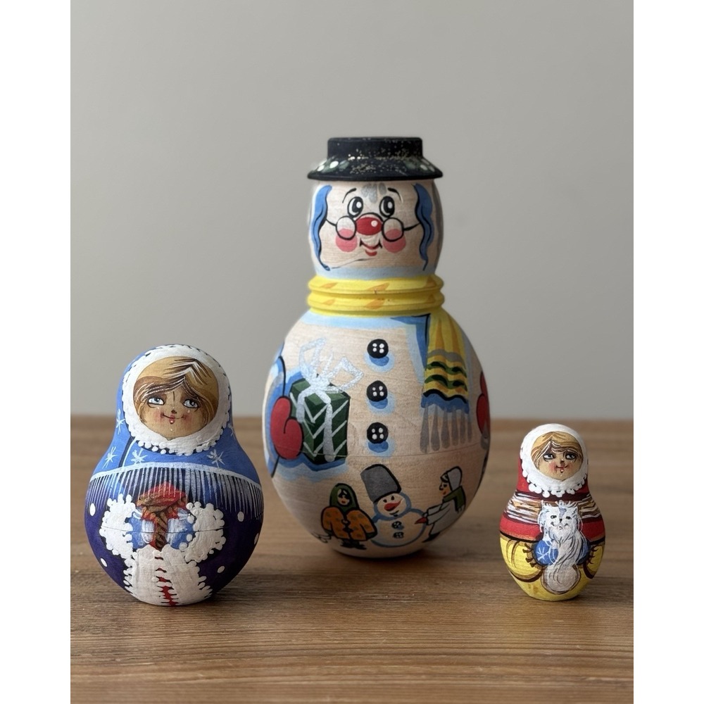 Sergiyev Posad Russian Nesting Doll 3-Pc Set Hand Painted Wooden Snowman Signed